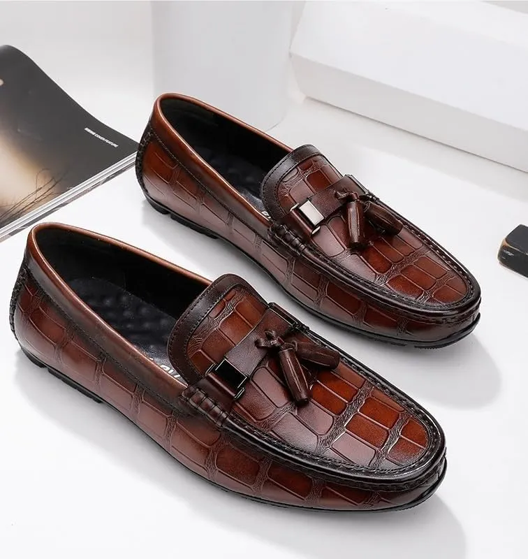 Men's Loafers Solid Color Stone Pattern Tassel Driving Loafers Lightweight Flat Heel Flexible Casual Slip On