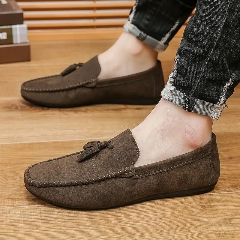 Men's Nubuck Leather Loafers with Tassel - Round Toe Flat Heel Lightweight Flexible Slip-On Loafers for Party, Casual & Dress Wear
