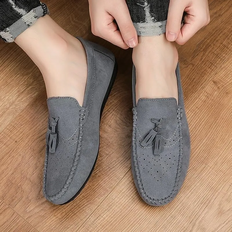 Men's Nubuck Leather Loafers with Tassel - Round Toe Flat Heel Lightweight Flexible Slip-On Loafers for Party, Casual & Dress Wear