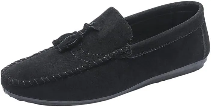 Men's Nubuck Leather Loafers with Tassel - Round Toe Flat Heel Lightweight Flexible Slip-On Loafers for Party, Casual & Dress Wear