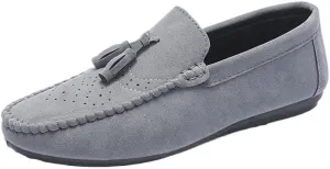 Men's Nubuck Leather Loafers with Tassel - Round Toe Flat Heel Lightweight Flexible Slip-On Loafers for Party, Casual & Dress Wear