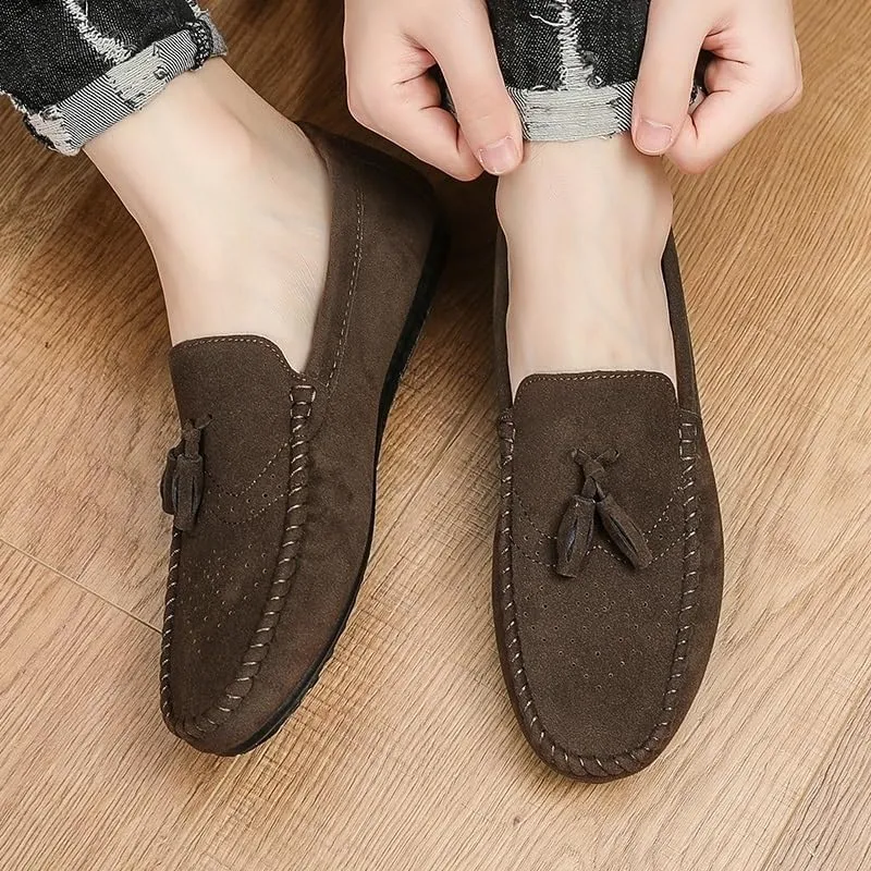 Men's Nubuck Leather Loafers with Tassel - Round Toe Flat Heel Lightweight Flexible Slip-On Loafers for Party, Casual & Dress Wear
