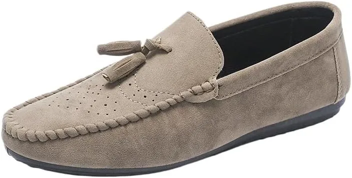 Men's Nubuck Leather Loafers with Tassel - Round Toe Flat Heel Lightweight Flexible Slip-On Loafers for Party, Casual & Dress Wear