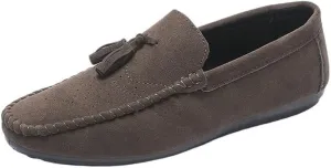 Men's Nubuck Leather Loafers with Tassel - Round Toe Flat Heel Lightweight Flexible Slip-On Loafers for Party, Casual & Dress Wear