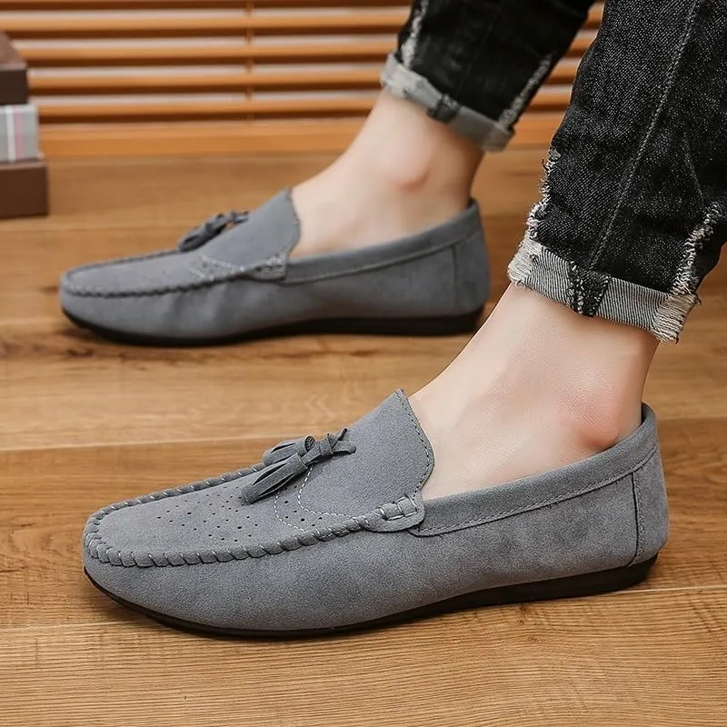 Men's Nubuck Leather Loafers with Tassel - Round Toe Flat Heel Lightweight Flexible Slip-On Loafers for Party, Casual & Dress Wear