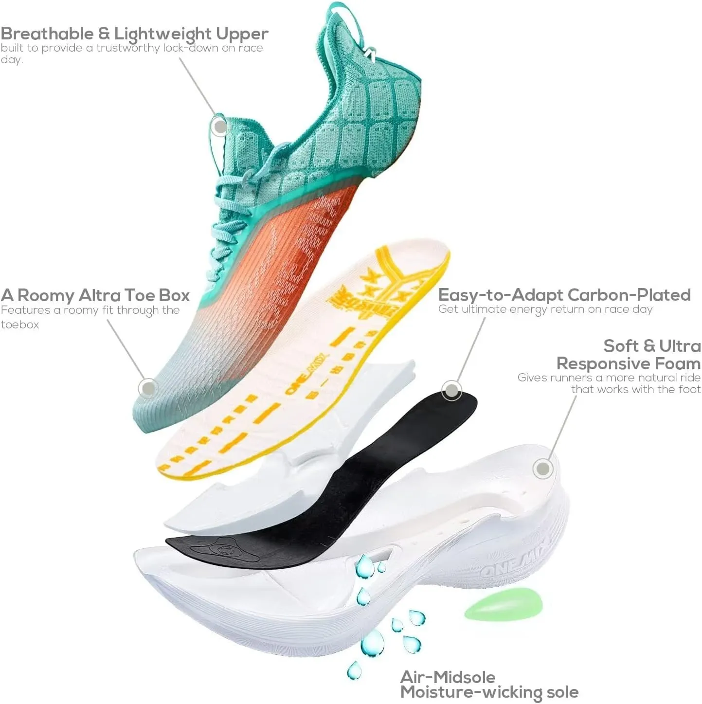Men's Road Running Shoes Marathon Running Shoes Carbon Fiber Plate Running Shoes Wide with Arch Support Lightweight Breathable Sneakers ONEMIX Light Armor 21601