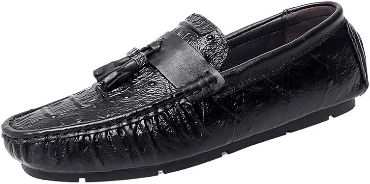 Men's Round Toe Loafers with Crocodile Print -Tassel Driving Shoes, Comfortable Flexible Anti-Slip Casual Slip-Ons for Weddings