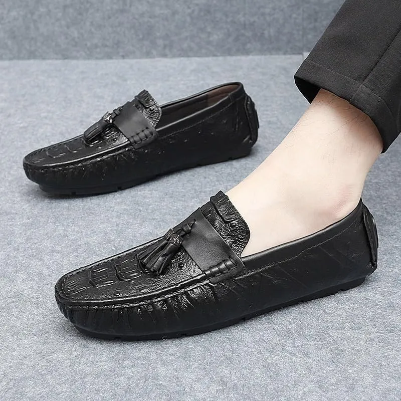 Men's Round Toe Loafers with Crocodile Print -Tassel Driving Shoes, Comfortable Flexible Anti-Slip Casual Slip-Ons for Weddings