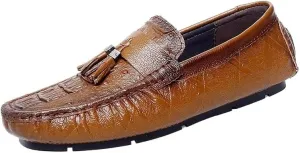 Men's Round Toe Loafers with Crocodile Print -Tassel Driving Shoes, Comfortable Flexible Anti-Slip Casual Slip-Ons for Weddings