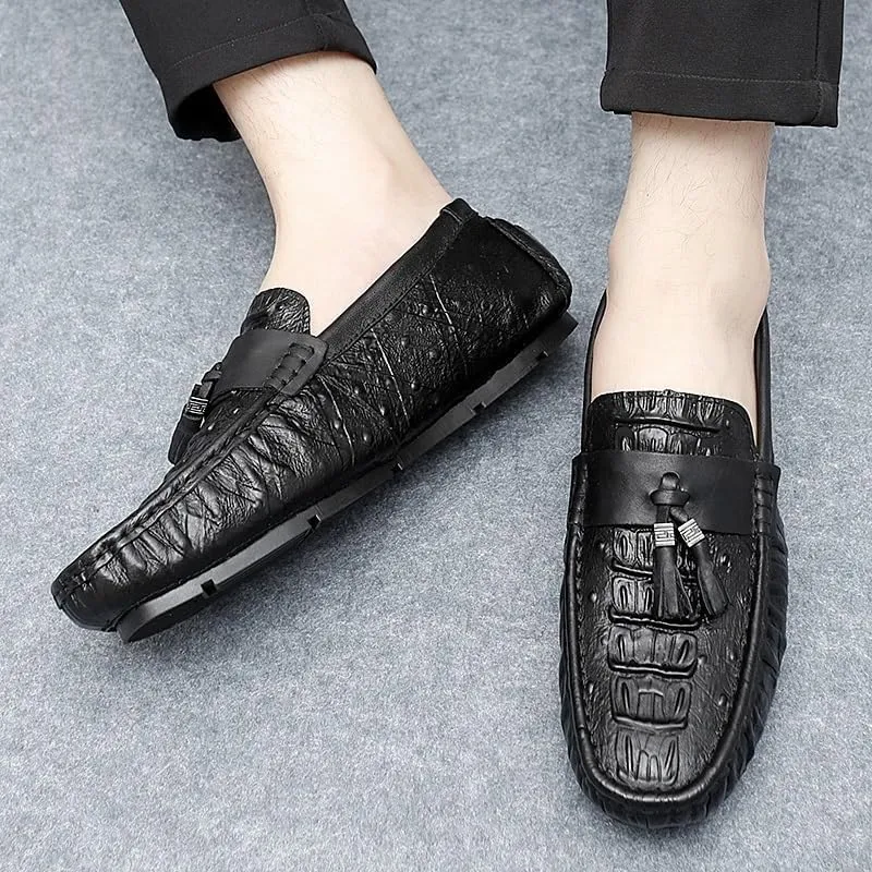Men's Round Toe Loafers with Crocodile Print -Tassel Driving Shoes, Comfortable Flexible Anti-Slip Casual Slip-Ons for Weddings