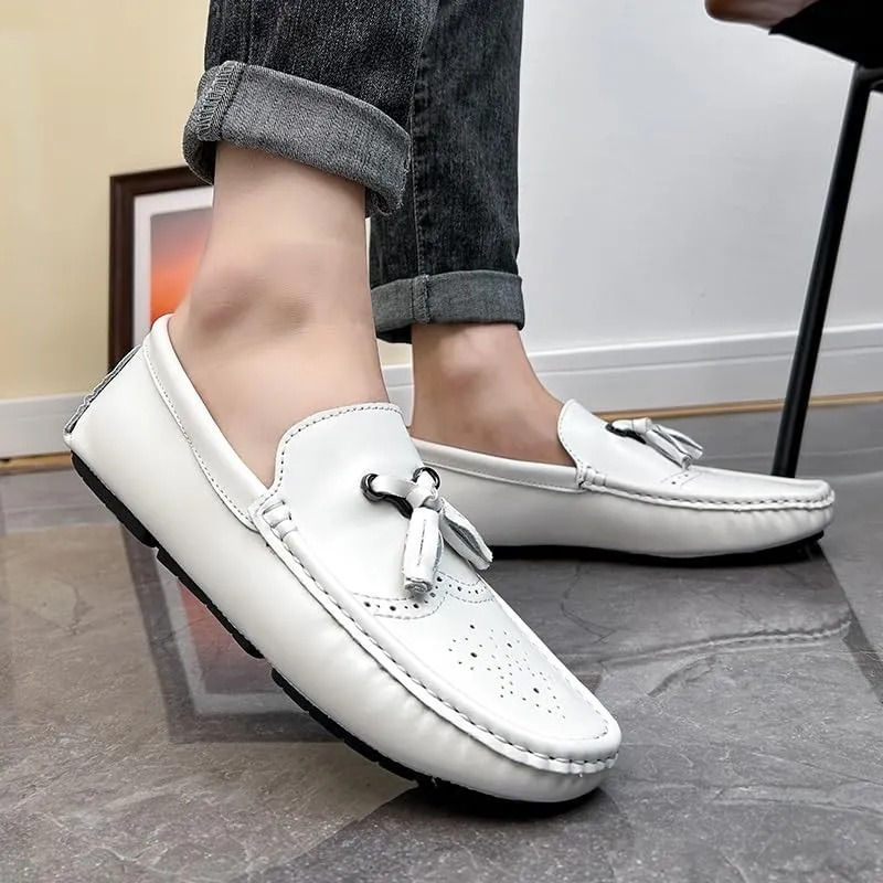 Men's Round Toe Vegan Leather Loafers -Brogue Embossed Driving Shoes with Tassel, Anti-Slip, Lightweight, Flexible Slip-Ons for Party and Outdoor Wear