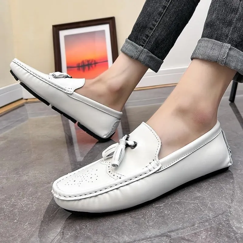 Men's Round Toe Vegan Leather Loafers -Brogue Embossed Driving Shoes with Tassel, Anti-Slip, Lightweight, Flexible Slip-Ons for Party and Outdoor Wear