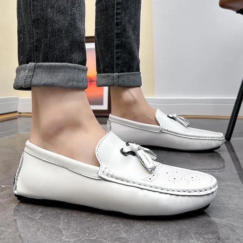 Men's Round Toe Vegan Leather Loafers -Brogue Embossed Driving Shoes with Tassel, Anti-Slip, Lightweight, Flexible Slip-Ons for Party and Outdoor Wear