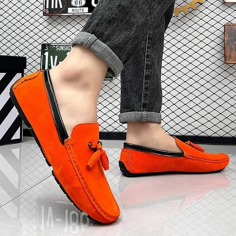 Men's Round Toe Vegan Suede Loafers with Tassel - Slip-Resistant, Flexible Flat Heel Driving Shoes for Prom, Wedding, and Casual Wear