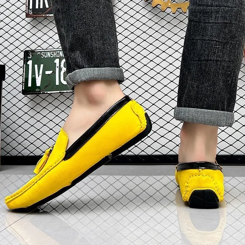 Men's Round Toe Vegan Suede Loafers with Tassel - Slip-Resistant, Flexible Flat Heel Driving Shoes for Prom, Wedding, and Casual Wear