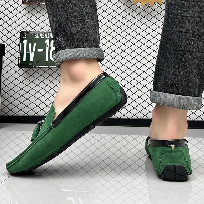 Men's Round Toe Vegan Suede Loafers with Tassel - Slip-Resistant, Flexible Flat Heel Driving Shoes for Prom, Wedding, and Casual Wear