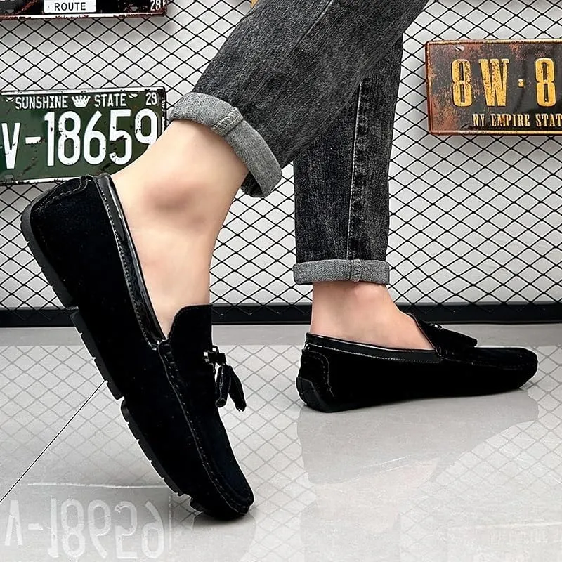 Men's Round Toe Vegan Suede Loafers with Tassel - Slip-Resistant, Flexible Flat Heel Driving Shoes for Prom, Wedding, and Casual Wear