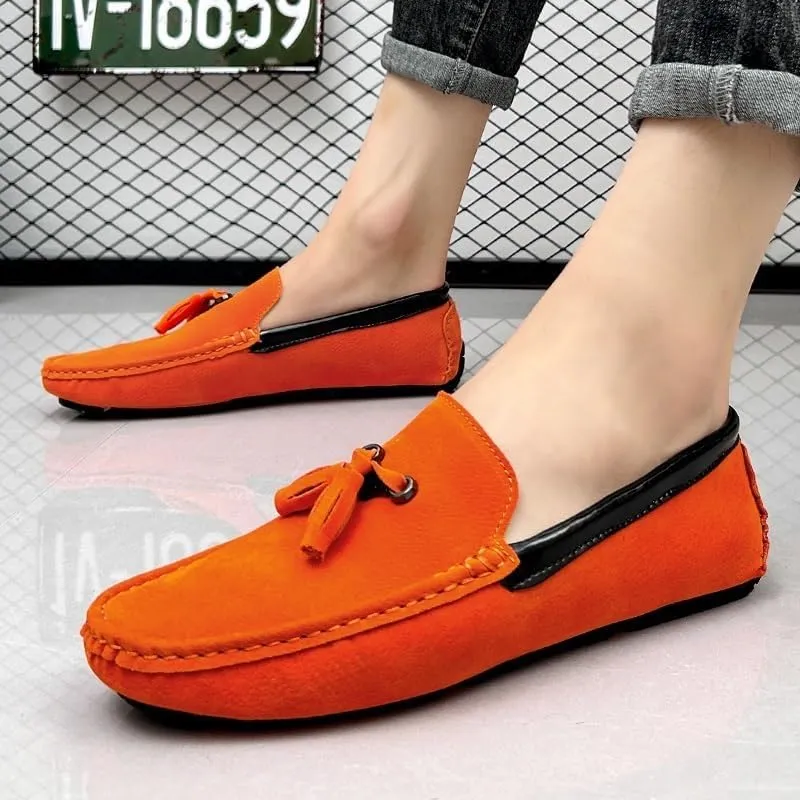 Men's Round Toe Vegan Suede Loafers with Tassel - Slip-Resistant, Flexible Flat Heel Driving Shoes for Prom, Wedding, and Casual Wear