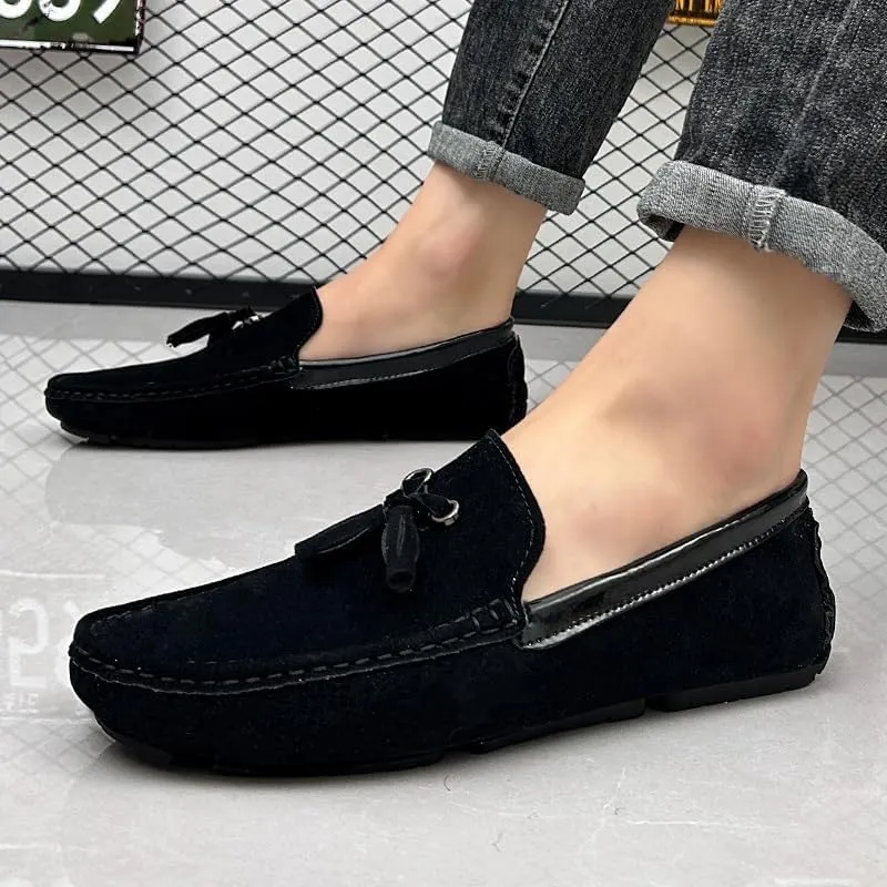 Men's Round Toe Vegan Suede Loafers with Tassel - Slip-Resistant, Flexible Flat Heel Driving Shoes for Prom, Wedding, and Casual Wear
