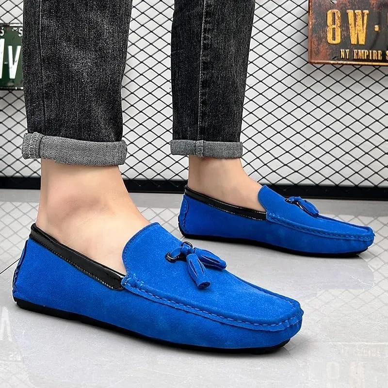 Men's Round Toe Vegan Suede Loafers with Tassel - Slip-Resistant, Flexible Flat Heel Driving Shoes for Prom, Wedding, and Casual Wear