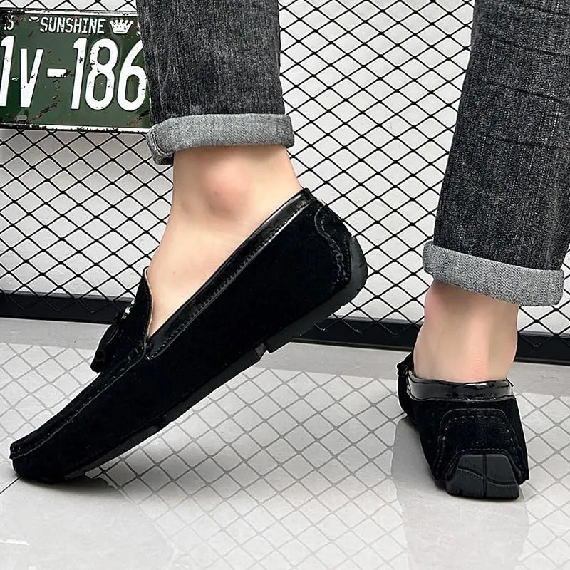 Men's Round Toe Vegan Suede Loafers with Tassel - Slip-Resistant, Flexible Flat Heel Driving Shoes for Prom, Wedding, and Casual Wear