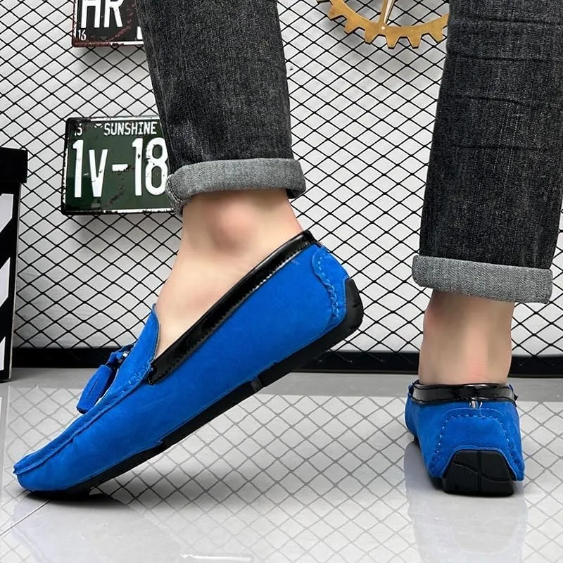 Men's Round Toe Vegan Suede Loafers with Tassel - Slip-Resistant, Flexible Flat Heel Driving Shoes for Prom, Wedding, and Casual Wear