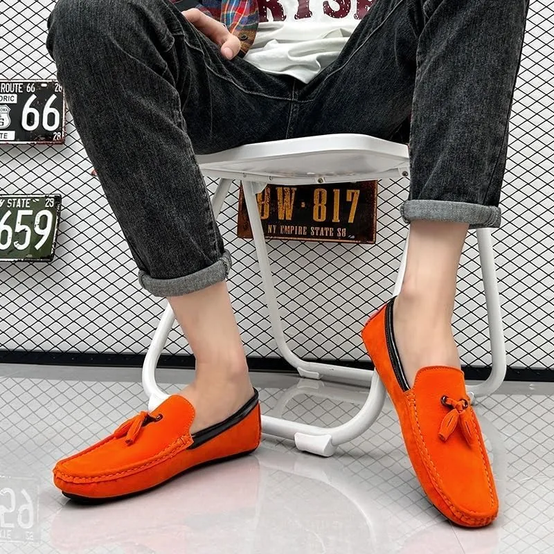 Men's Round Toe Vegan Suede Loafers with Tassel - Slip-Resistant, Flexible Flat Heel Driving Shoes for Prom, Wedding, and Casual Wear