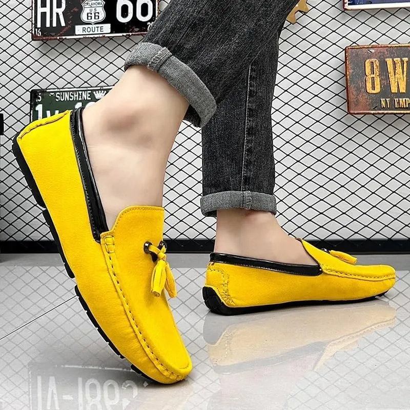 Men's Round Toe Vegan Suede Loafers with Tassel - Slip-Resistant, Flexible Flat Heel Driving Shoes for Prom, Wedding, and Casual Wear