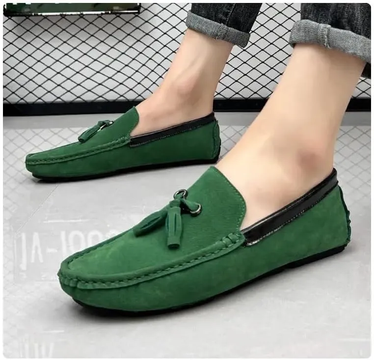 Men's Round Toe Vegan Suede Loafers with Tassel - Slip-Resistant, Flexible Flat Heel Driving Shoes for Prom, Wedding, and Casual Wear