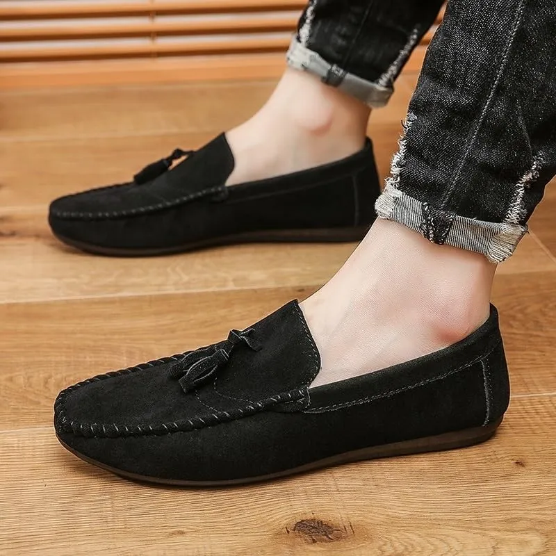 Men's Solid Color Faux Leather Loafers Tassel Slip-Ons, Round Toe Flat Heel Flexible and Lightweight, Ideal for Casual and Wedding Wear