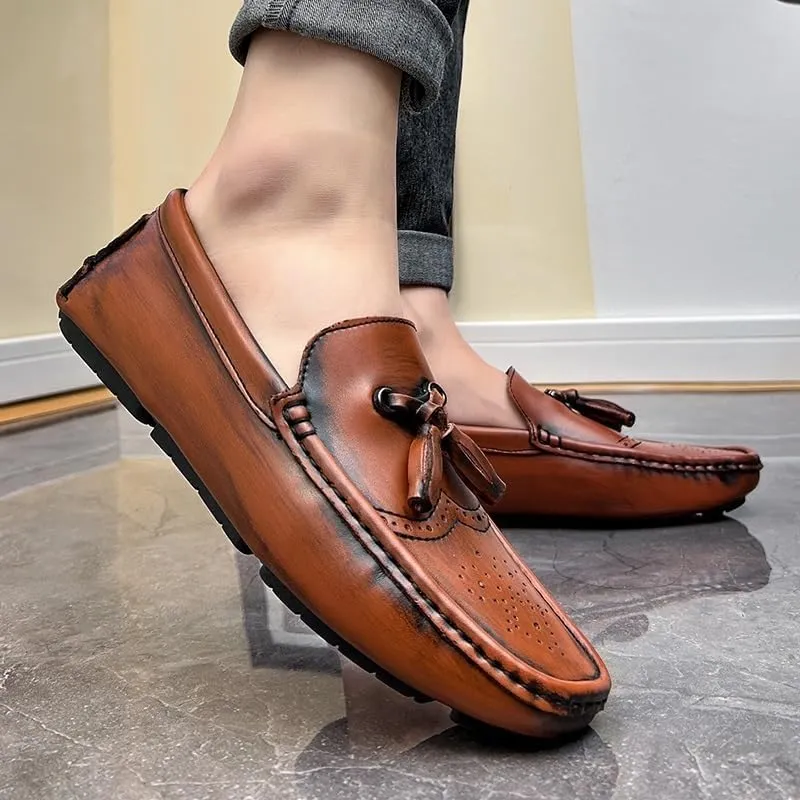 Men's Square Toe Brogue Loafers - Embossed Wingtips with Tassel, Slip-Resistant Driving Shoes, Flexible Flat Heel for Outdoor & Fashion