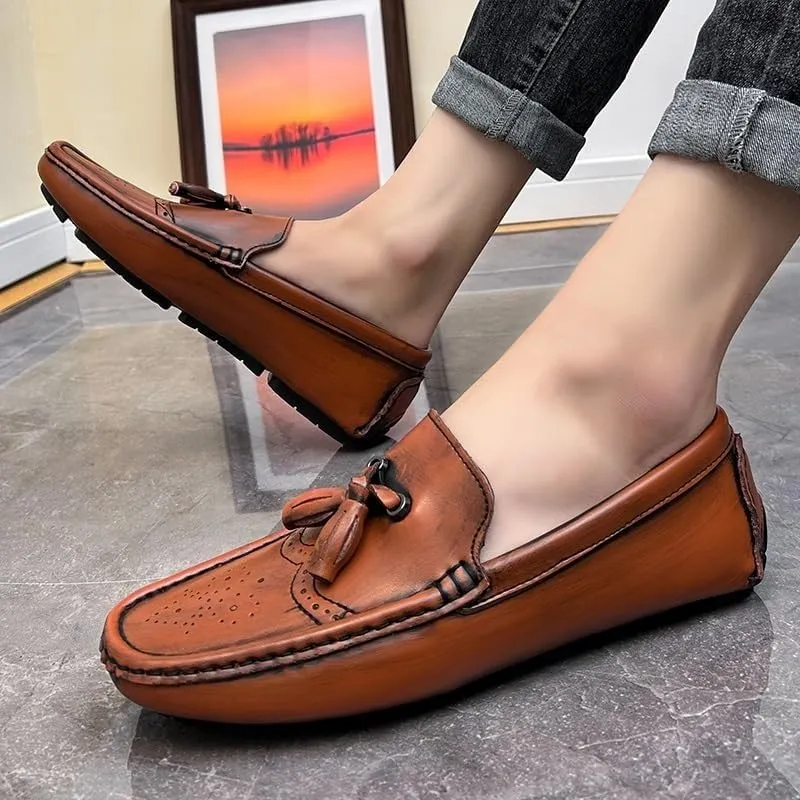 Men's Square Toe Brogue Loafers - Embossed Wingtips with Tassel, Slip-Resistant Driving Shoes, Flexible Flat Heel for Outdoor & Fashion