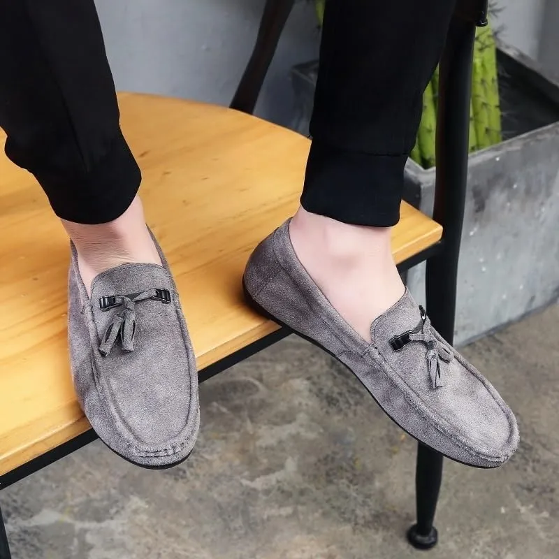 Men's Suede Loafers with Tassel –Round Toe Flat Heel Slip-Resistant Flexible Classic Loafer Shoes for Prom and Casual Wear