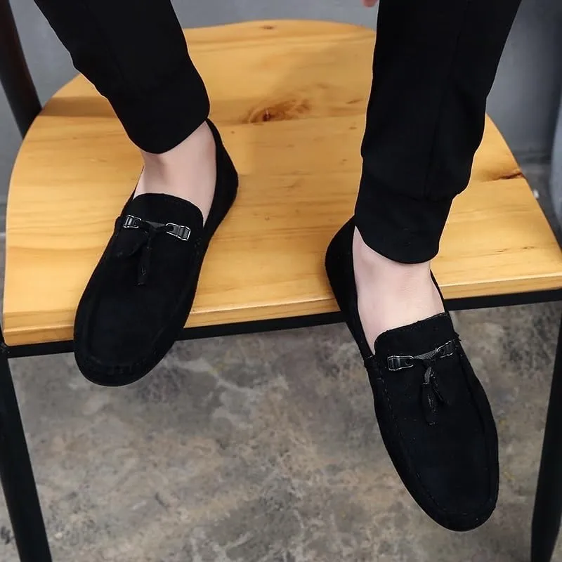 Men's Suede Loafers with Tassel –Round Toe Flat Heel Slip-Resistant Flexible Classic Loafer Shoes for Prom and Casual Wear
