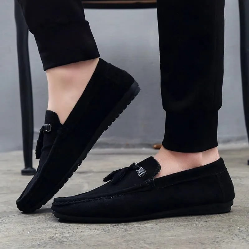 Men's Suede Loafers with Tassel –Round Toe Flat Heel Slip-Resistant Flexible Classic Loafer Shoes for Prom and Casual Wear