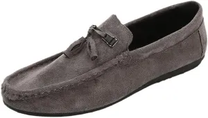 Men's Suede Loafers with Tassel –Round Toe Flat Heel Slip-Resistant Flexible Classic Loafer Shoes for Prom and Casual Wear