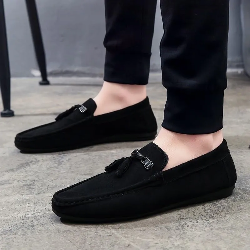 Men's Suede Loafers with Tassel –Round Toe Flat Heel Slip-Resistant Flexible Classic Loafer Shoes for Prom and Casual Wear