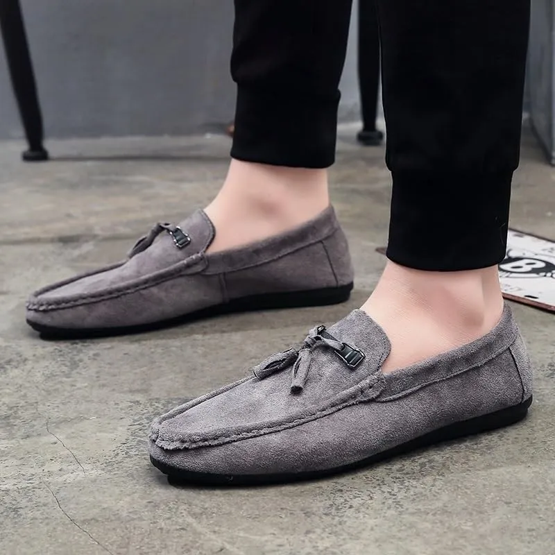 Men's Suede Loafers with Tassel –Round Toe Flat Heel Slip-Resistant Flexible Classic Loafer Shoes for Prom and Casual Wear