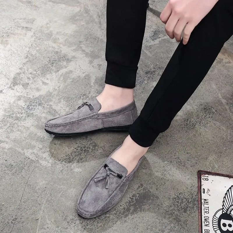 Men's Suede Loafers with Tassel –Round Toe Flat Heel Slip-Resistant Flexible Classic Loafer Shoes for Prom and Casual Wear