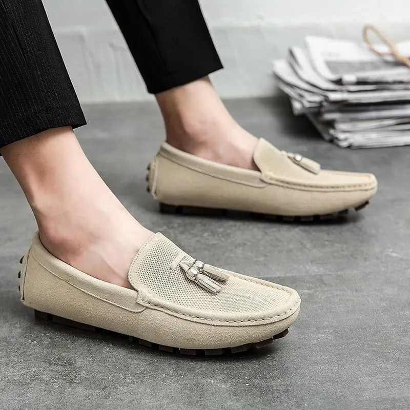 Men's Suede Tassel Loafers - Round Toe Driving Style, Flexible & Comfortable, Outdoor & Prom Slip-On Shoes