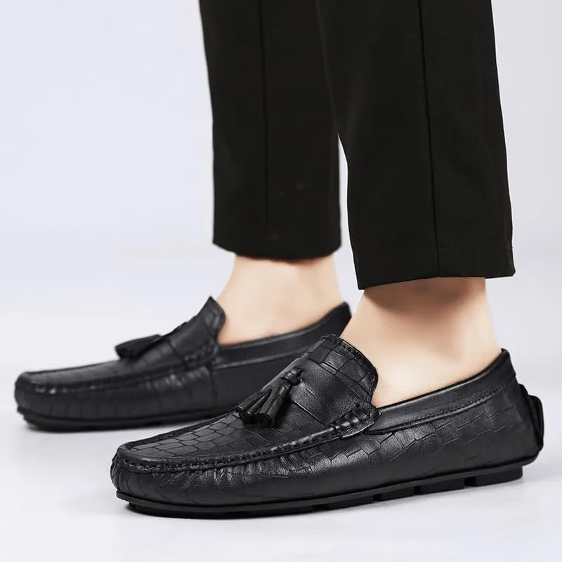Men's Tassel Loafers - Round Toe Leather Slip-Ons, Lightweight & Flexible Driving Shoes, Anti-Slip Casual Loafers for Party & Everyday Wear