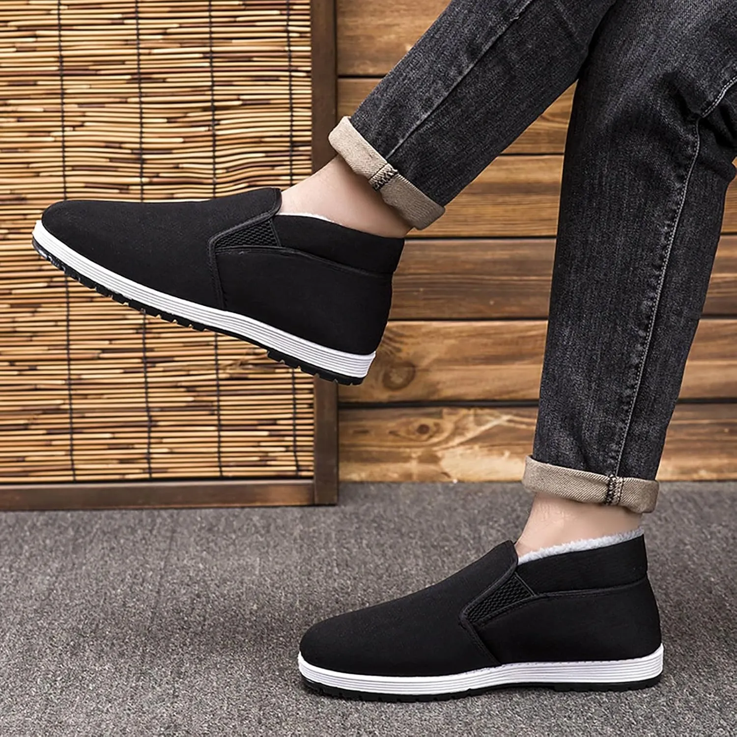 Mens Tennis Shoes Men Warm Plush High Top Cotton Shoes Non Slip and Thick Plush Work