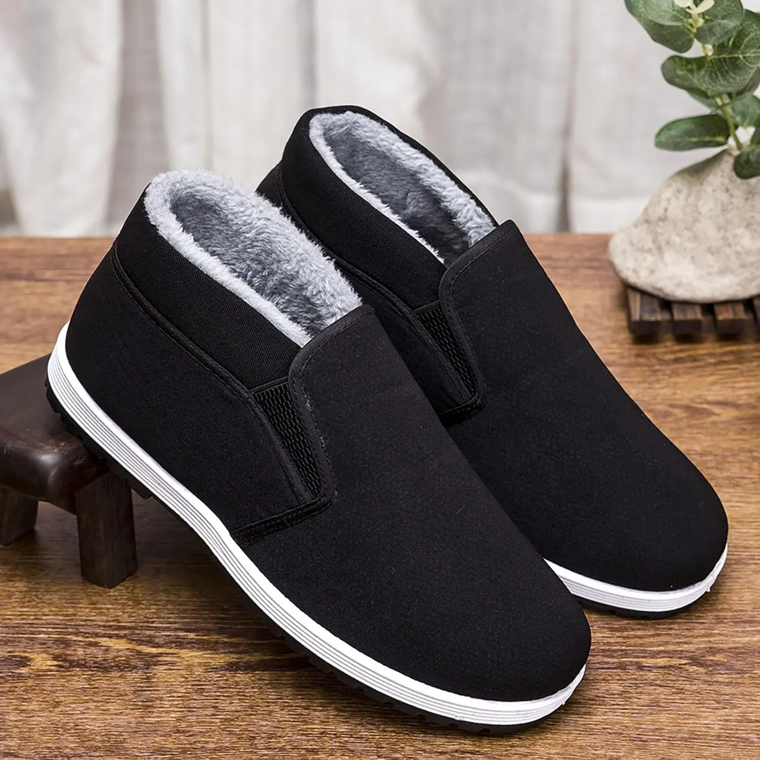 Mens Tennis Shoes Men Warm Plush High Top Cotton Shoes Non Slip and Thick Plush Work