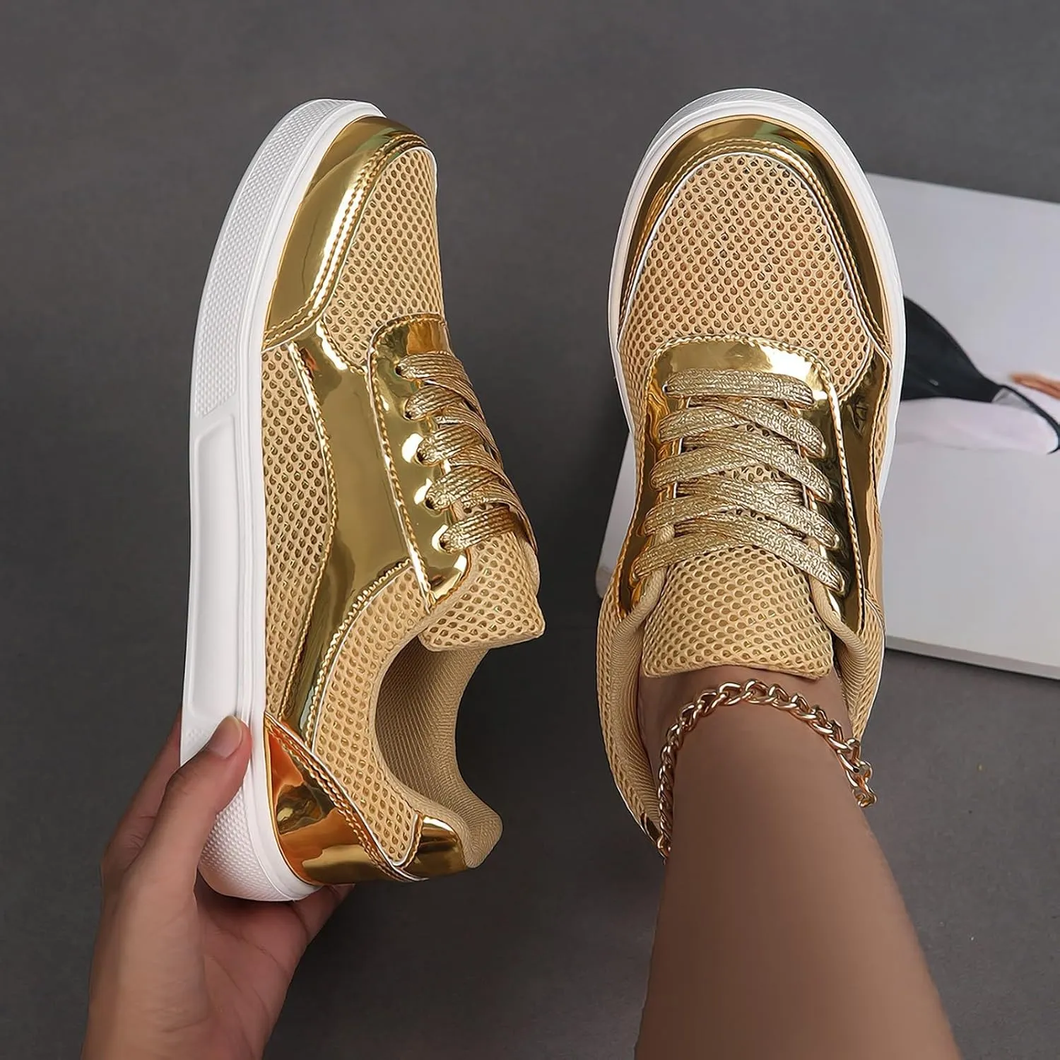 Mesh Light Womens Running Shoes Fashion Breathable Lace up Casual Summer Comfortable Outdoor Flat Bottom Walking Running Sneakers for Ladies