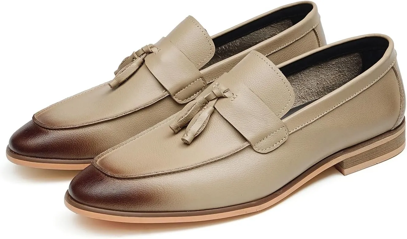 Santimon Men’s Tassel Loafers Genuine Leather Slip-On Shoes Breathable Black & Light Gray Business Formal Dress & Prom Dress Shoes