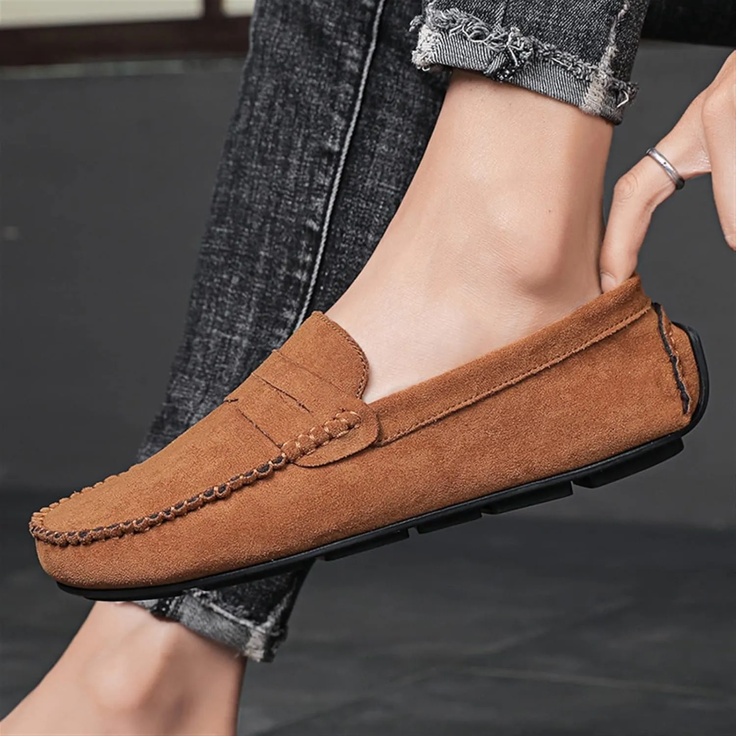 Smoking Loafer for Men Genuine Leather Round Toe Suede Vamp Penny Loafer Resistant Lightweight Anti-Slip Flat Heel Flexible Outdoor Slip On