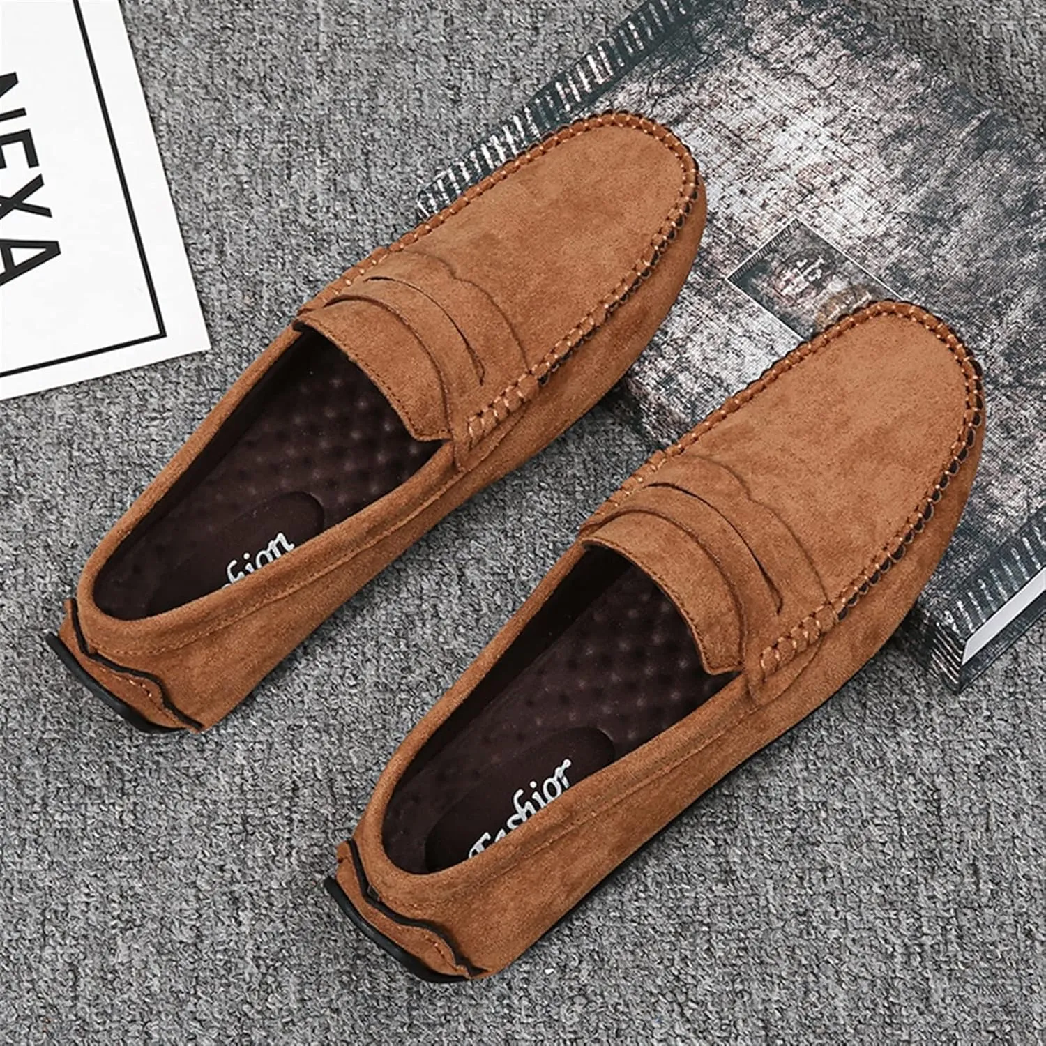 Smoking Loafer for Men Genuine Leather Round Toe Suede Vamp Penny Loafer Resistant Lightweight Anti-Slip Flat Heel Flexible Outdoor Slip On
