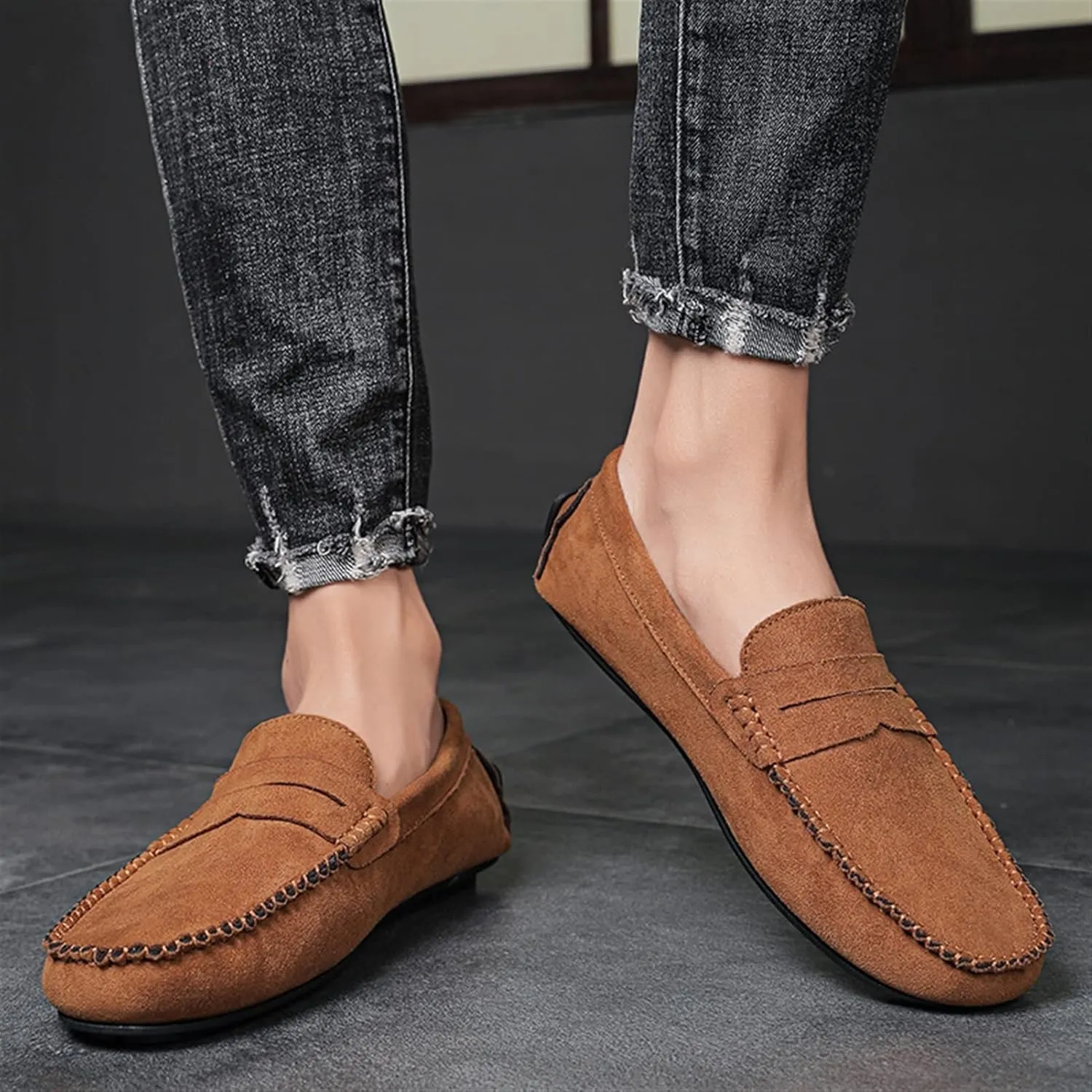 Smoking Loafer for Men Genuine Leather Round Toe Suede Vamp Penny Loafer Resistant Lightweight Anti-Slip Flat Heel Flexible Outdoor Slip On
