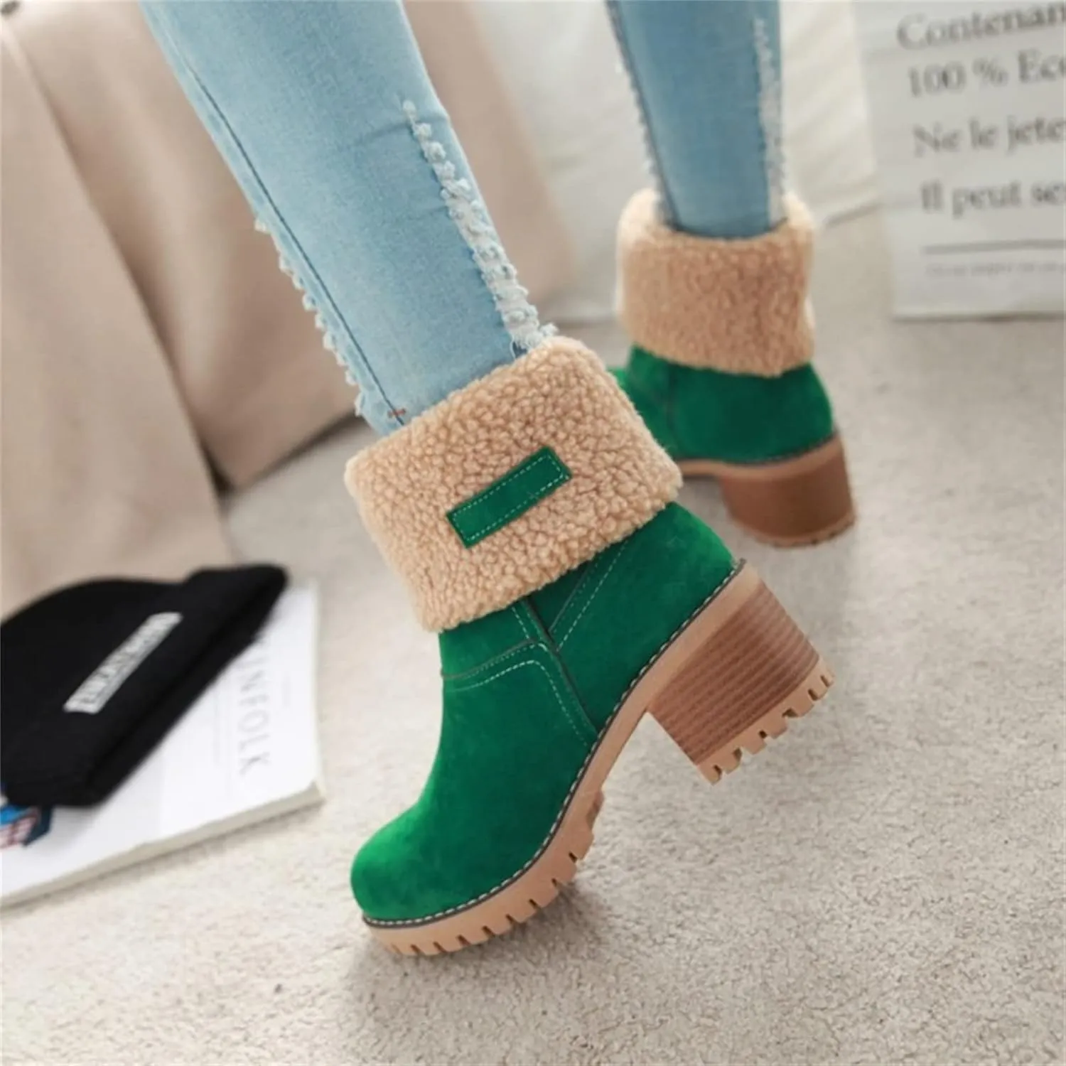 Winter Boots For Women 2024 Warm Faux Fur Lined Mid Calf Snow Boots Comfortable Walking Slip On Short Ankle Booties