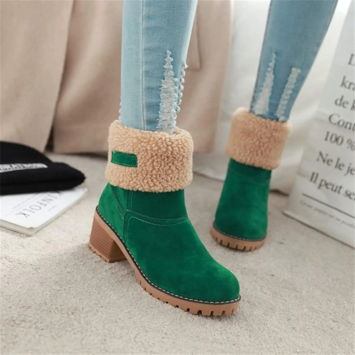 Winter Boots For Women 2024 Warm Faux Fur Lined Mid Calf Snow Boots Comfortable Walking Slip On Short Ankle Booties